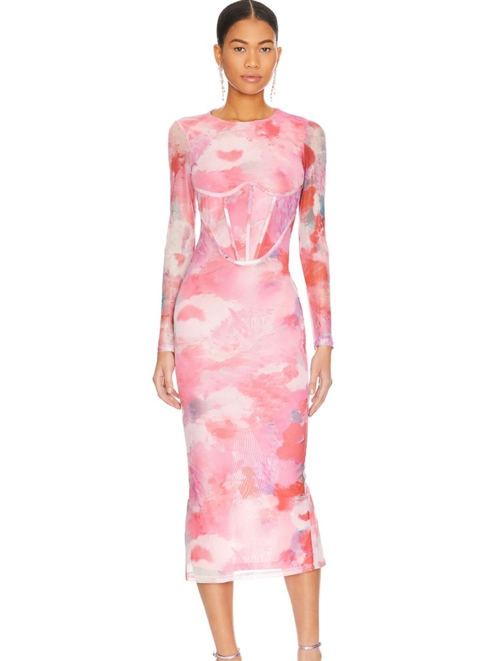 Bardot Pink Multi Sheer Corset Midi Dress